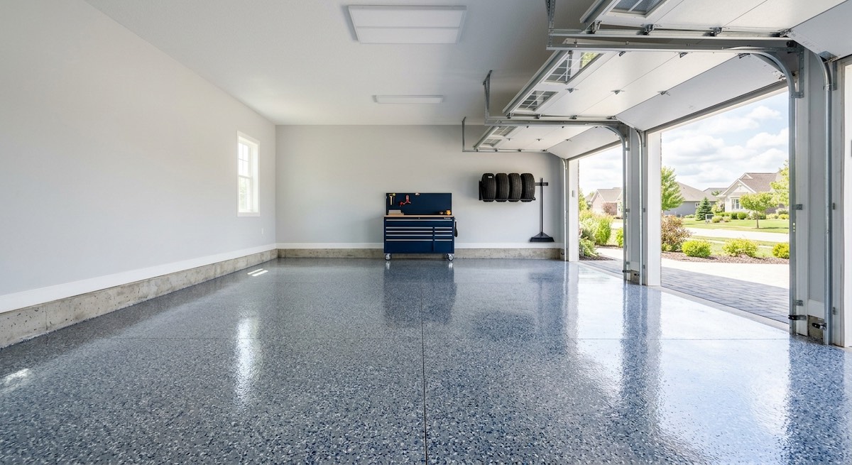 Epoxy flake garage floor coating in Hardeeville SC with gray and blue decorative flakes